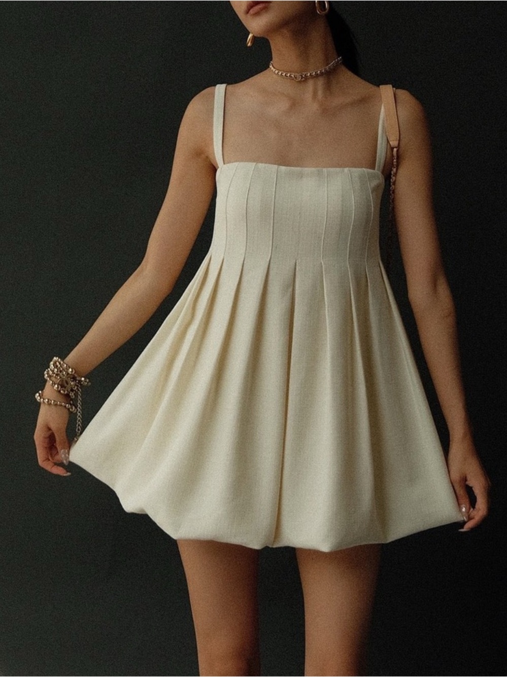 Commense Cream Pleated Square-Neck Mini Dress